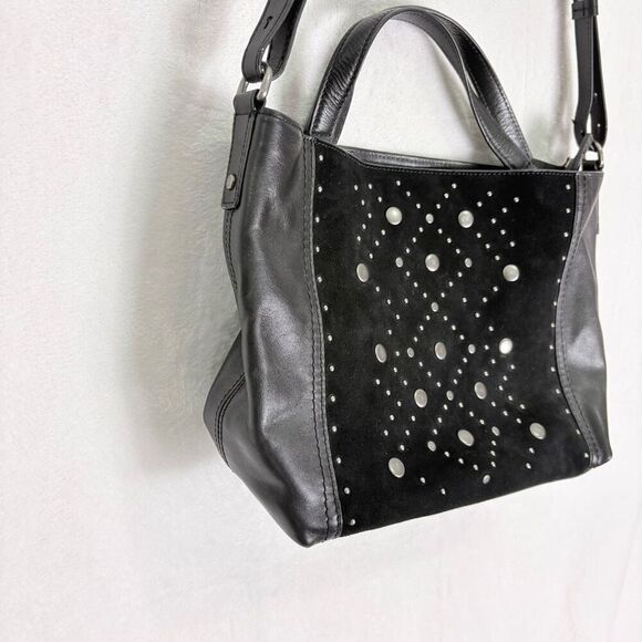 Lucky Brand Black Leather and Suede Studded Satchel Purse with Crossbody Strap - Picture 8 of 12